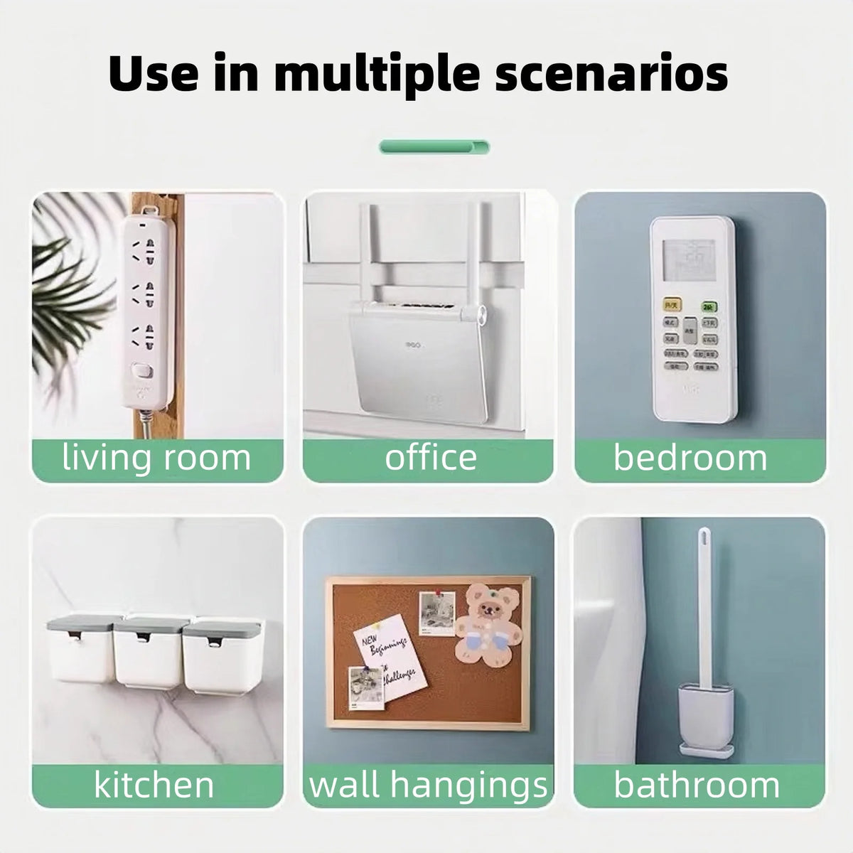 A set of double-sided adhesive wall hooks shown in various household scenarios including living room, office, bedroom, kitche