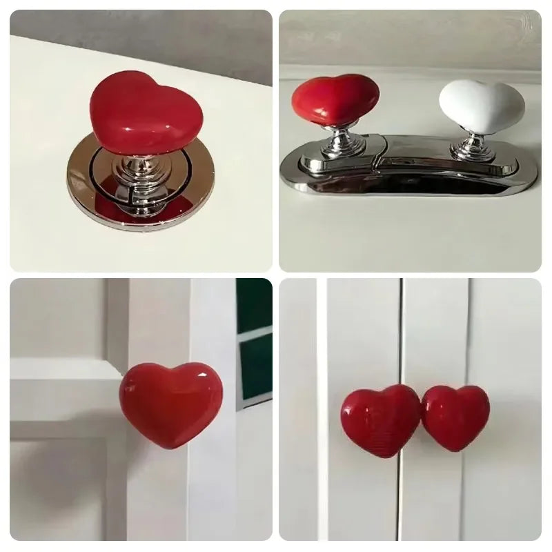 A heart-shaped toilet presser button in red and white, shown in various forms.