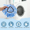A hand holds a blue and white replacement mop head, demonstrating its use for cleaning.