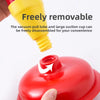 A red heavy-duty toilet plunger is shown with a yellow vacuum tube and suction cup being removed for disassembly.
