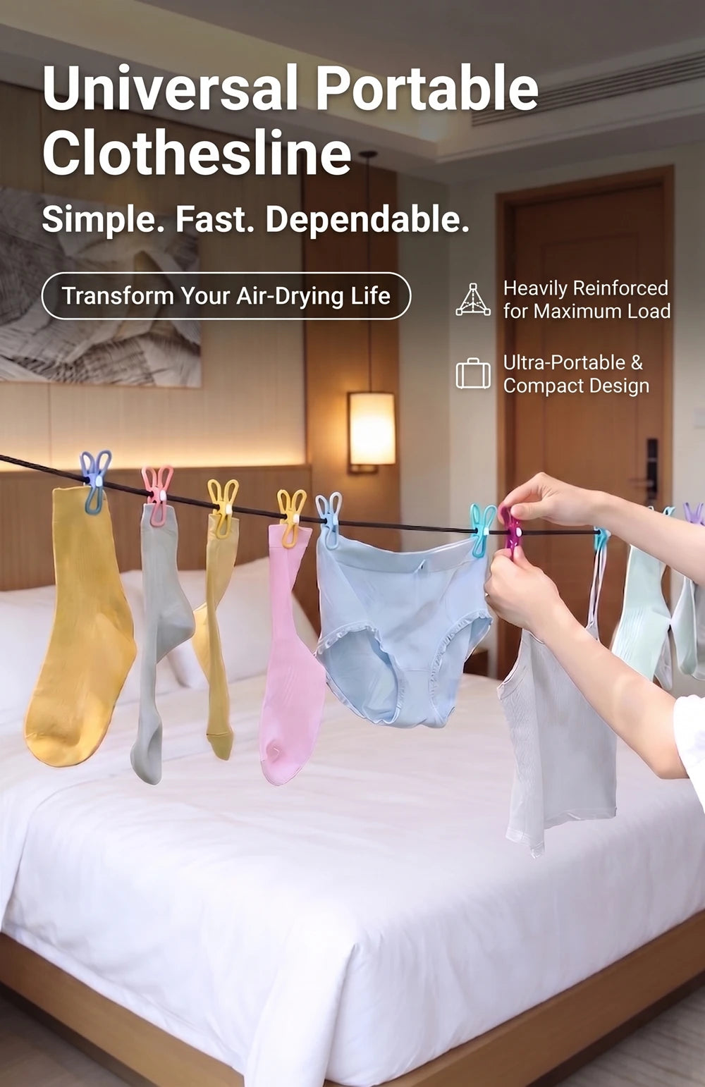 A portable clothesline with twelve colorful retractable clothespins is displayed over a bed.