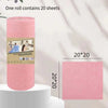 A roll of pink microfiber cleaning cloths, containing 20 sheets, is shown next to a square cloth.