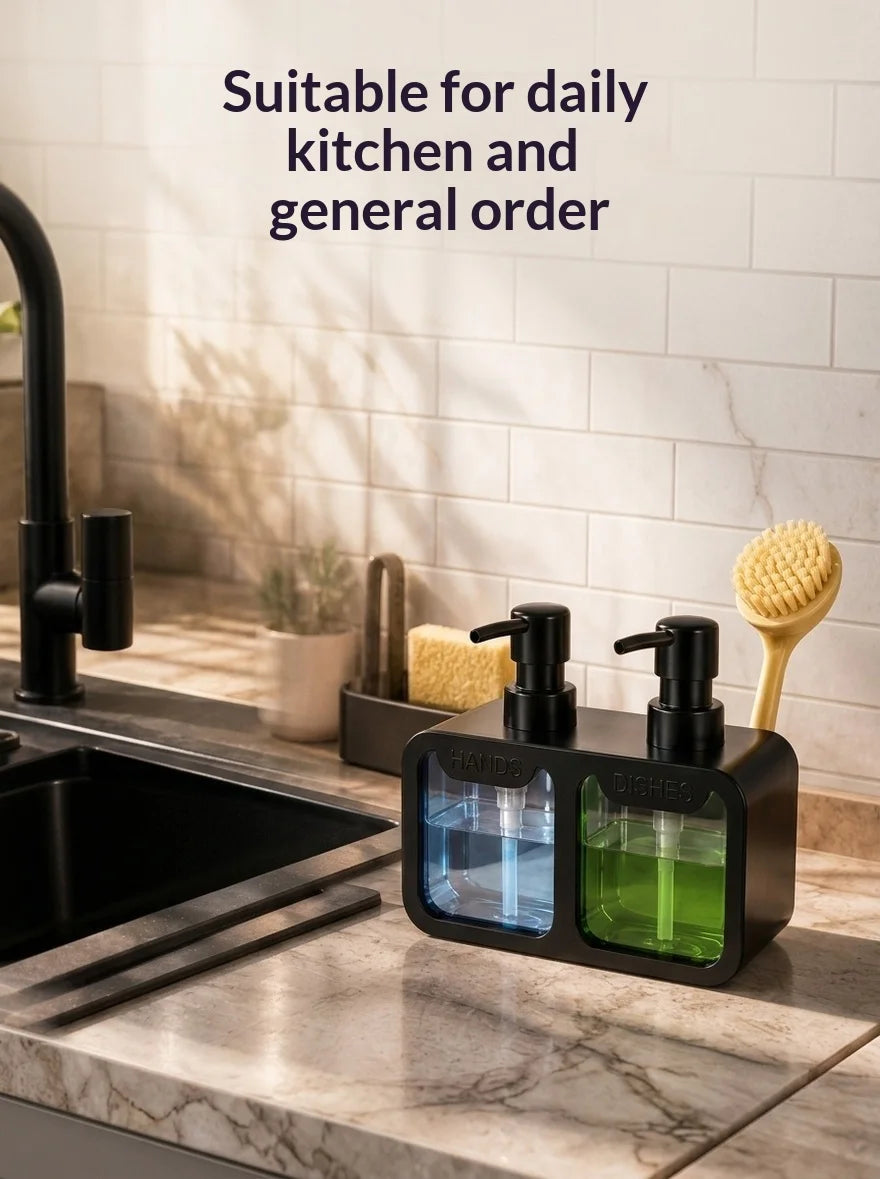 A black dispenser set for kitchen and general order soap, featuring glass bottles and a yellow sponge.