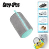 Grey laundry bag for shoes with a light blue trim, shown next to a washing machine.