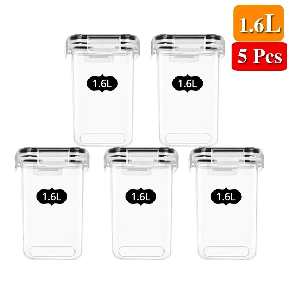 A set of five clear plastic food storage containers with lids, labeled 1.6L each.