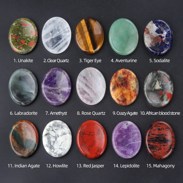 Fifteen polished natural quartz thumb stones including Unakite, Clear Quartz, Tiger Eye, Aventurine, and various gemstones.