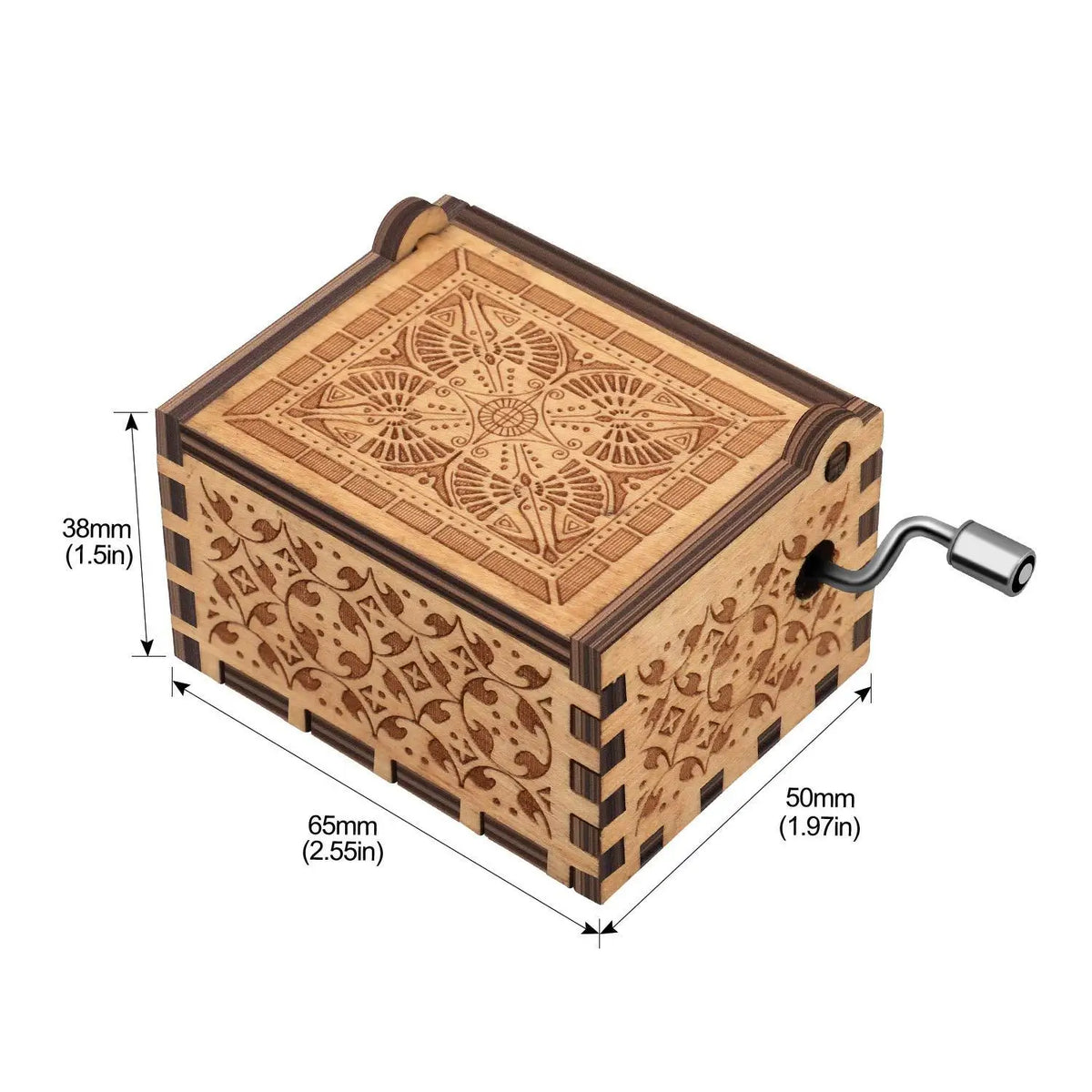 A vintage engraved wooden music box with intricate patterns and a hinged lid.