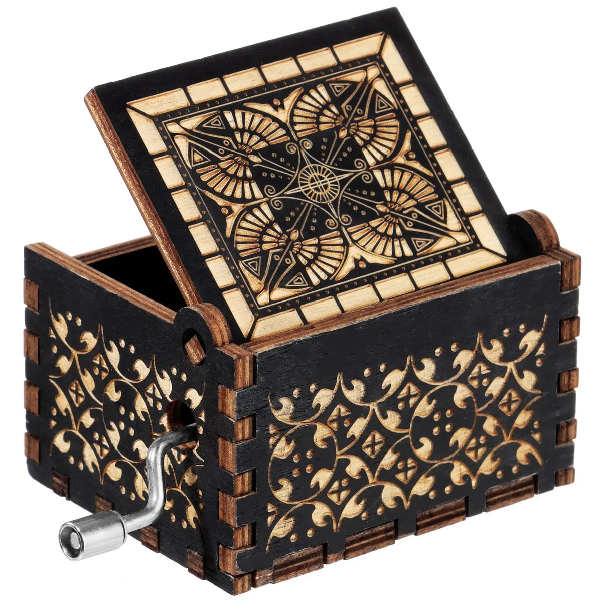 Caja de música de madera accionada a mano con tapa abierta mostrando intrincados patrones geométricos en la tapa superior.