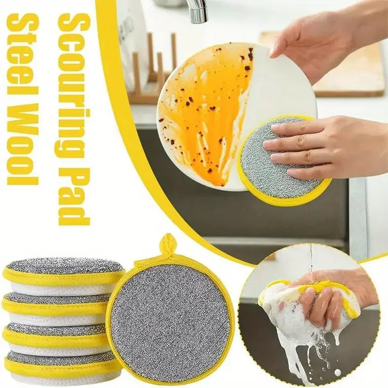 A set of reusable double-sided scouring pads in gray and yellow are shown being used for dishwashing.