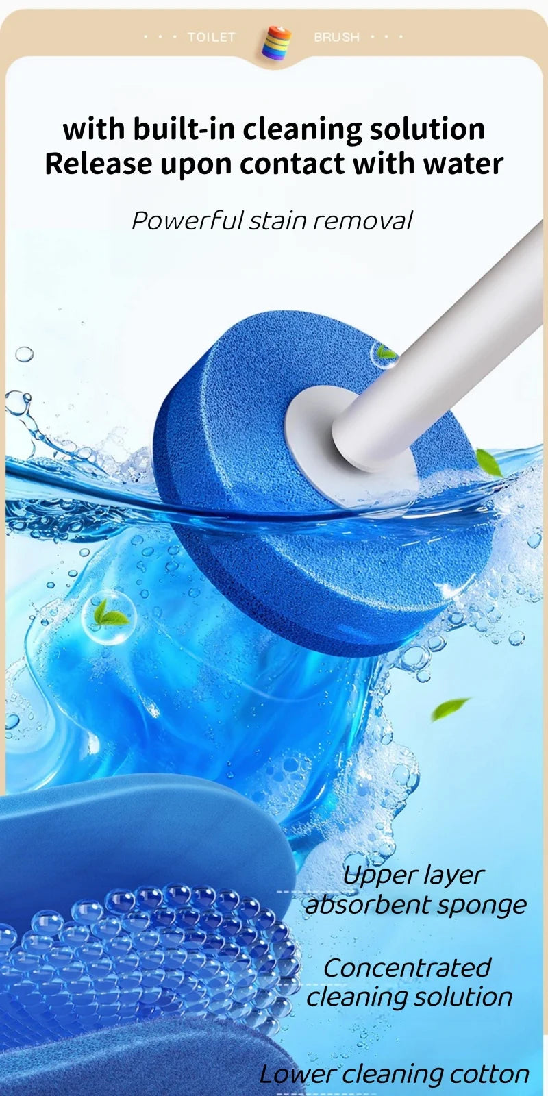 Une brosse à WC bleue nettoie une surface avec de l'eau, démontrant un pouvoir de décapage des taches et un nettoyage concent