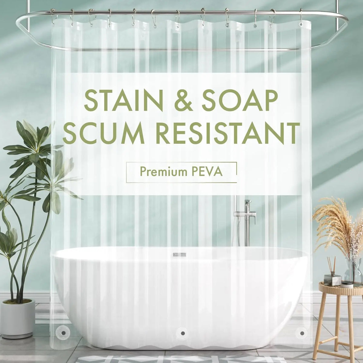 Crystal clear PEVA shower curtain with weighted magnets hanging over a white bathtub.