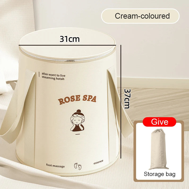 Cream-coloured foldable aluminum foot bath bucket with a lid and storage bag