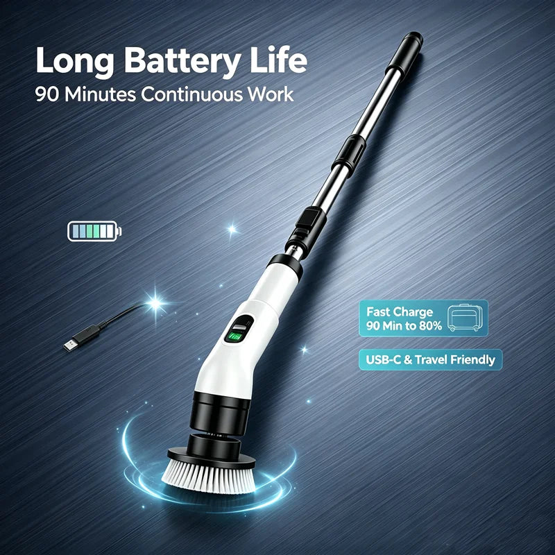 A white cordless electric spin scrubber with a rotating brush is shown against a dark blue background.