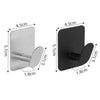 Stainless steel adhesive hooks shown in silver and black finishes with dimensions.