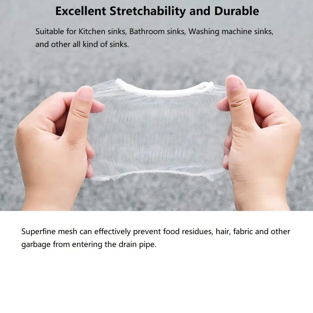 Hands holding a clear mesh strainer bag designed to prevent food residues and debris from entering drain pipes.