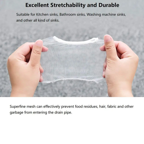 Hands holding a clear mesh strainer bag designed to prevent food residues and debris from entering drain pipes.