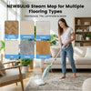 A woman is using a NEWBULIG steam mop for multiple flooring types including hardwood, tile, and laminate in a bright living r