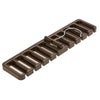 A brown multi-slot hanging belt and tie organizer with individual slots for hanging items.