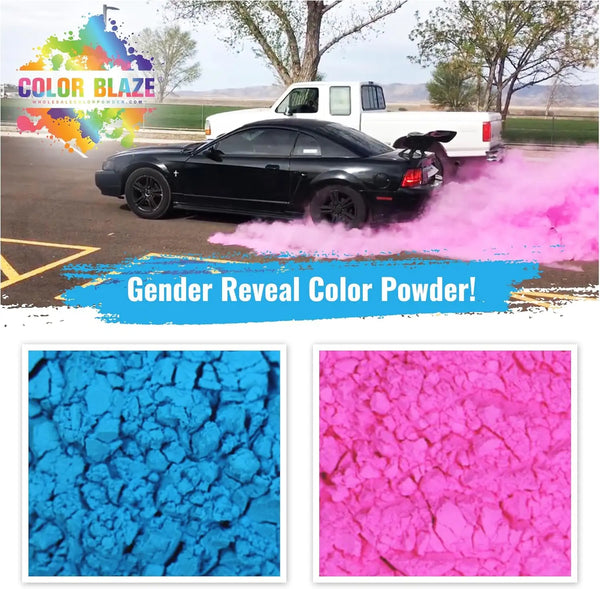 Pink and blue color powder being used to reveal gender for a product.