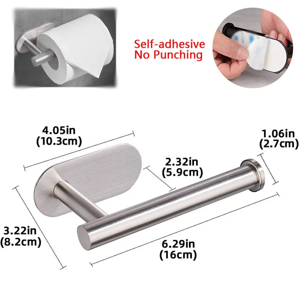 Stainless steel no-drill adhesive paper towel holder with a white paper towel roll.