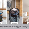 An adaptable mesh hamper shown in three contexts: kids room, bathroom, and bedroom.