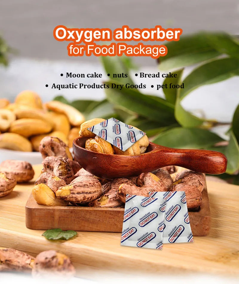 A wooden bowl filled with nuts and dried goods, next to oxygen absorbers for food packaging.