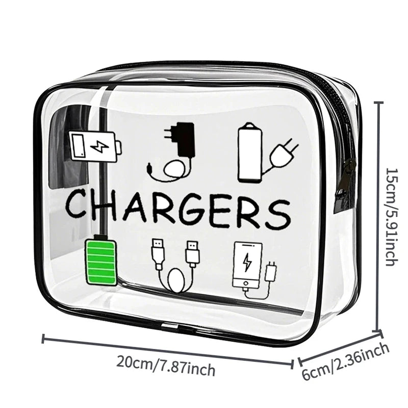 A clear plastic storage pouch labeled CHARGERS showing various charging cables and power banks.