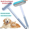 A light blue multi functional bristled brush used for pet hair removal, shown next to a golden retriever and an orange cat.