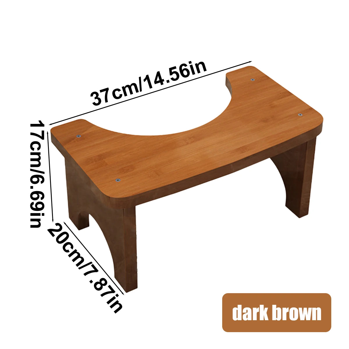 A dark brown portable bamboo toilet squat stool shown with dimensions 37cm/14.56in long and 20cm/7.87in high.