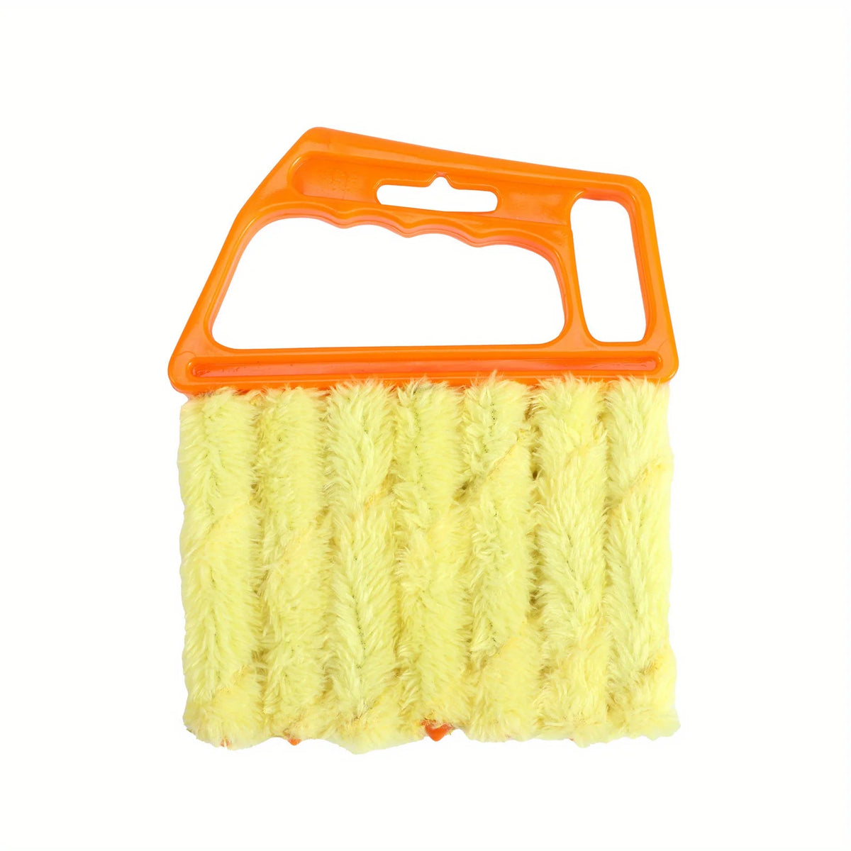 An orange handle with a yellow bristled brush for cleaning window blinds.