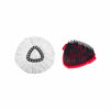 A replacement mop head with white fibers and a black triangular pattern next to a red bristled cleaning tool.