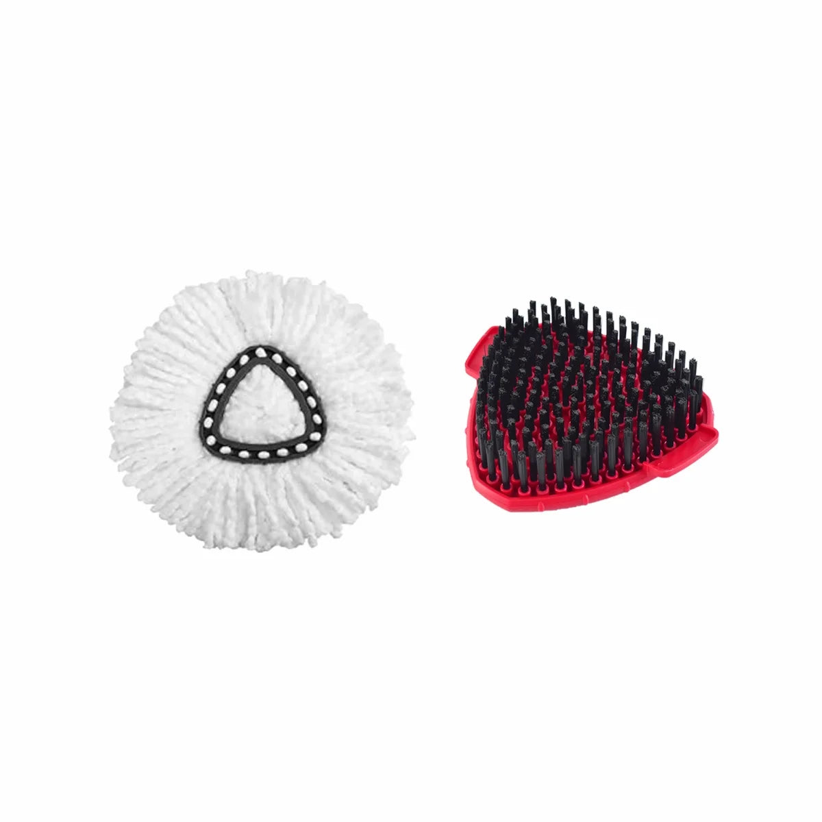 A replacement mop head with white fibers and a black triangular pattern next to a red bristled cleaning tool.