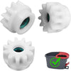 White replacement gears for rotating mops shown in three views.