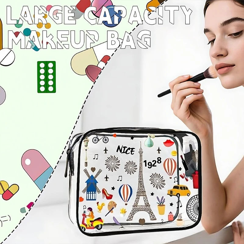 A woman is applying makeup while a large capacity transparent makeup bag is displayed on a counter.