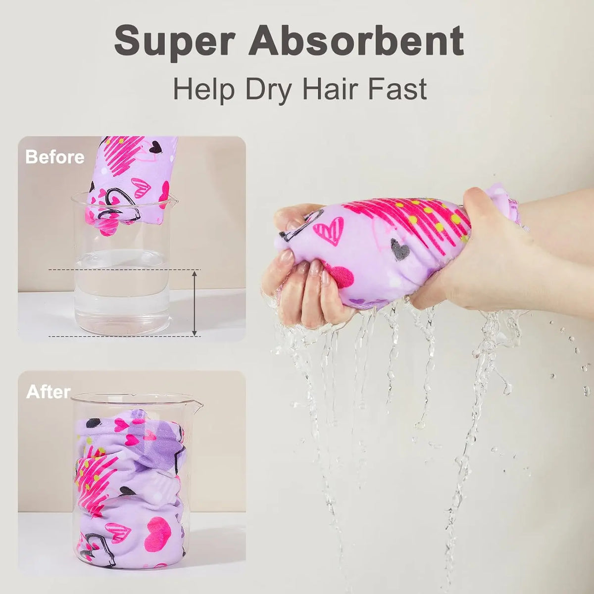 Before and after comparison showing a pink microfiber hair drying cap helping to dry hair fast