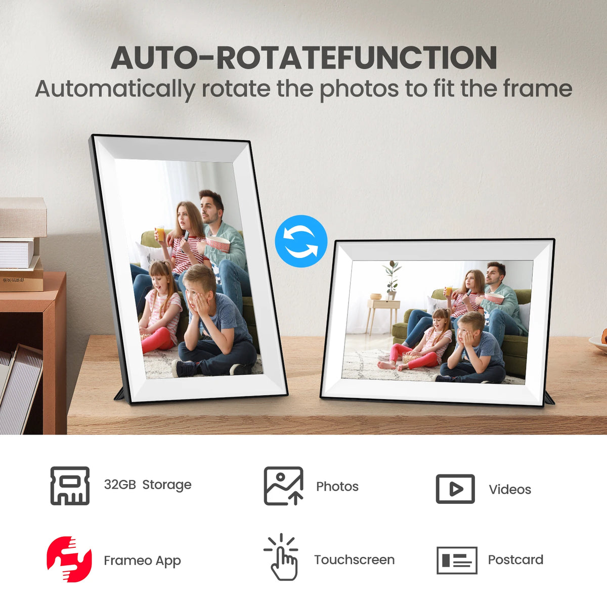A digital photo frame displaying a rotating photo, next to icons for storage, photos, videos, app, touchscreen, and postcard 
