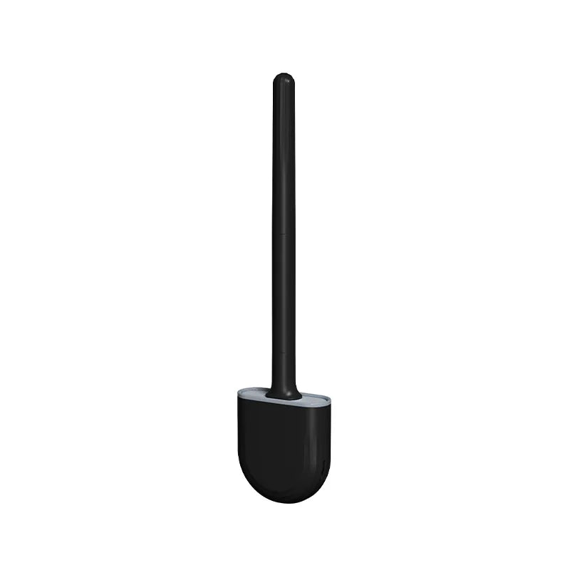 Brosse à toilette en silicone noire montée sur mur avec longue poignée.