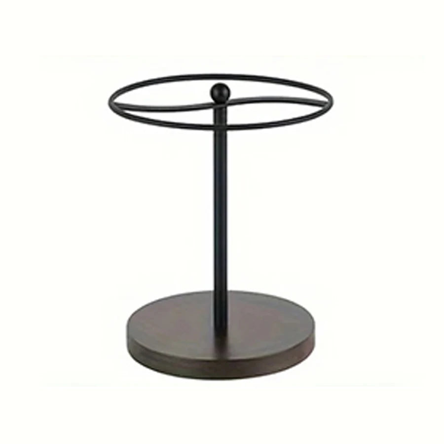 Elegant glasses organizer stand with a black metal hoop and a wooden base.