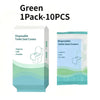 A package of 10 disposable toilet seat covers in green and blue packaging.