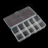 A clear plastic organizer box with multiple compartments for storing nail art supplies and tools.
