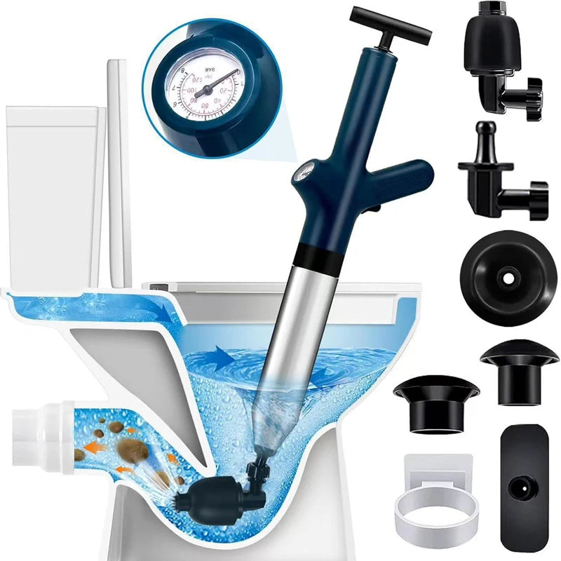 Heavy-duty stainless steel drain blaster kit showing a handheld device and various attachments for cleaning drains.