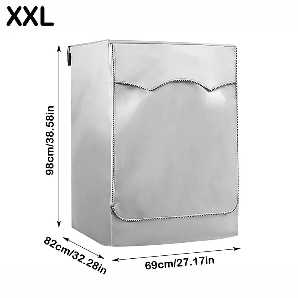 Silver Oxford washing machine cover with a roll edge shown in a rectangular form.