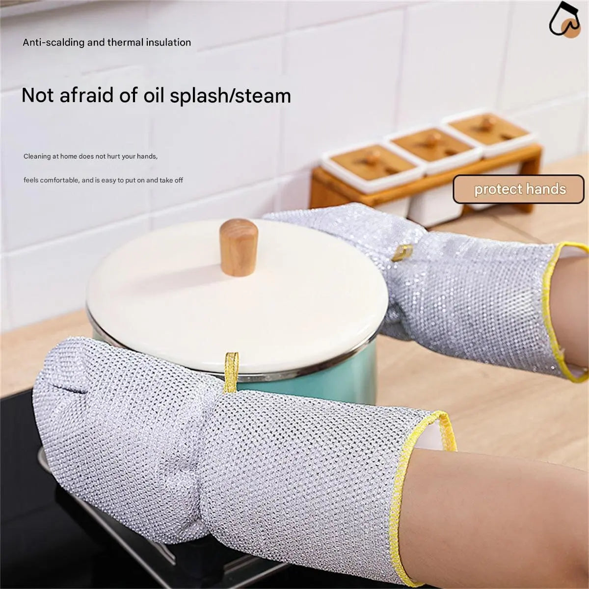 A pair of extended waterproof steel wire dishwashing gloves are shown being worn on a hand, emphasizing protection against oi