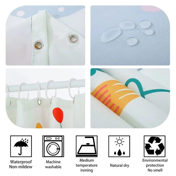 A set of white shower curtains and ironing accessories including waterproof fabric, iron, and natural drying features.