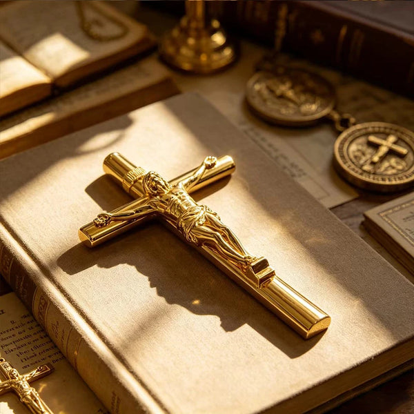 A golden metal cross pen rests on an old book surrounded by religious decor and parchment.