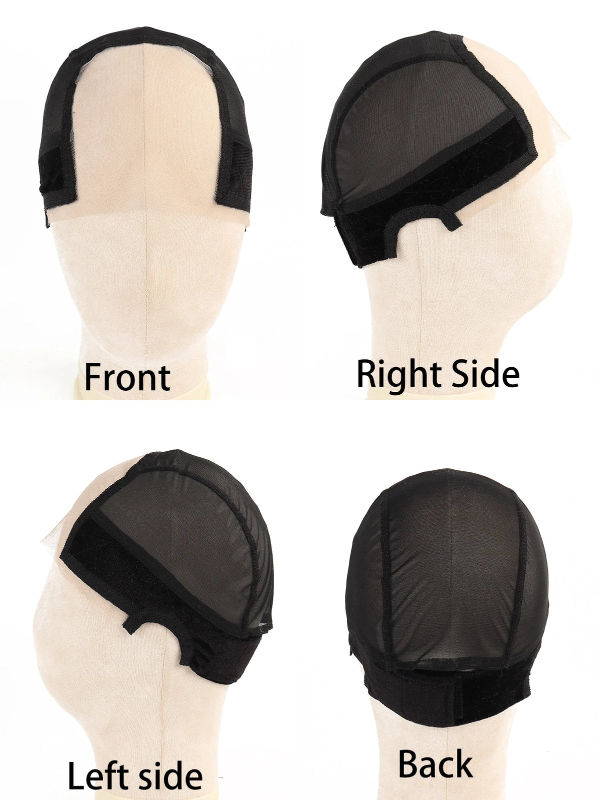 Images showing an adjustable velvet headband wig cap from the front, right side, left side, and back views.