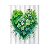 A shower curtain featuring a vibrant green heart design made of lush tropical leaves and foliage.