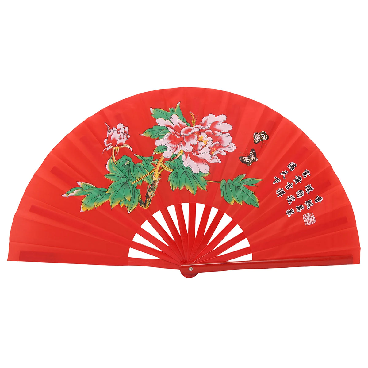 Un éventail de martial arts traditionnel en bambou rouge avec des motifs floraux et calligraphiques.