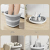 A set of multi-scene gray plastic buckets used for soaking feet, washing, laundry, and mop storage.