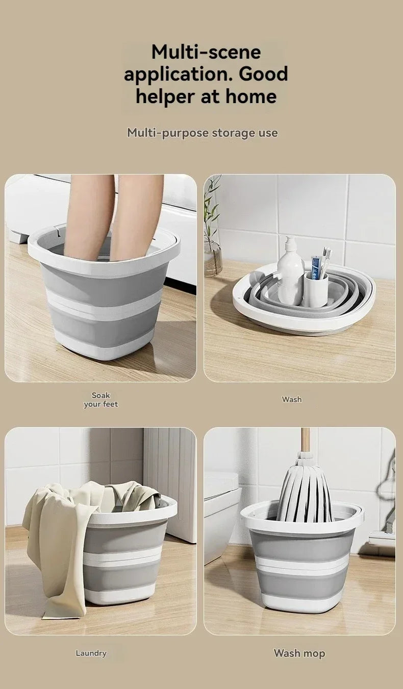 A set of multi-scene gray plastic buckets used for soaking feet, washing, laundry, and mop storage.